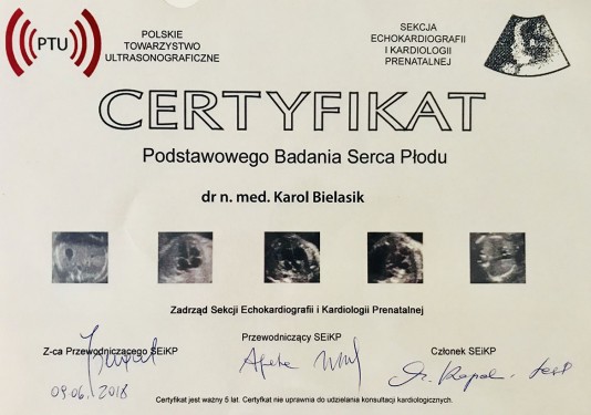 Certyfikat badania serca płodu Sekcji Echokardiografii i Kardiologii Prenatalnej Polskiego Towarzystwa Ultrasonograficznego 