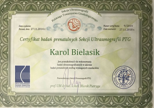 Certyfikat Badań Prenatalnych Sekcji Ultrasonografii PTG 