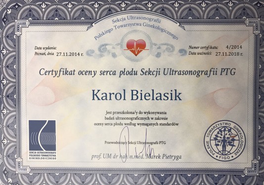 Certyfikat umiejętności badania serca płodu Sekcji Ultrasonografii PTG 